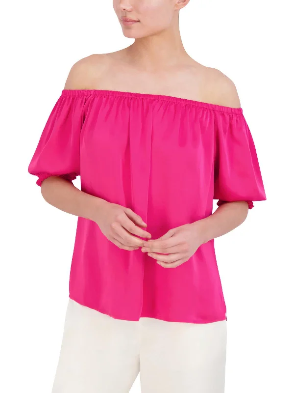 Womens Pleated Puff Sleeve Off The Shoulder