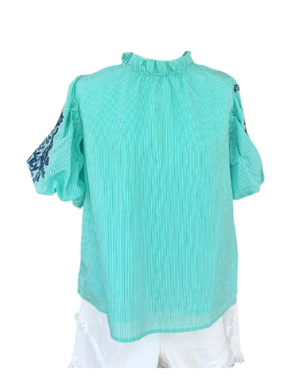 Women's Stripe Puff Sleeve Top In Green